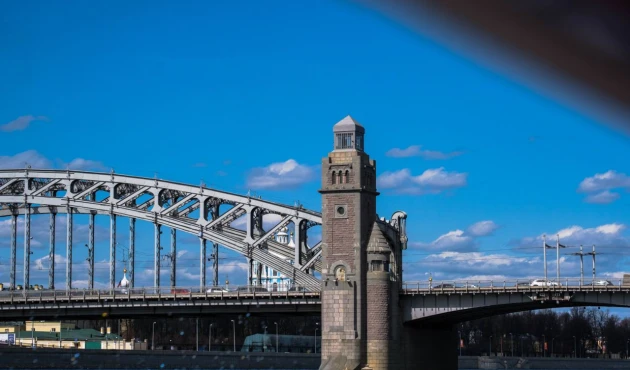Bolsheokhtinsky Bridge of Peter the Great. The only bridge on the Neva River with upper support arches