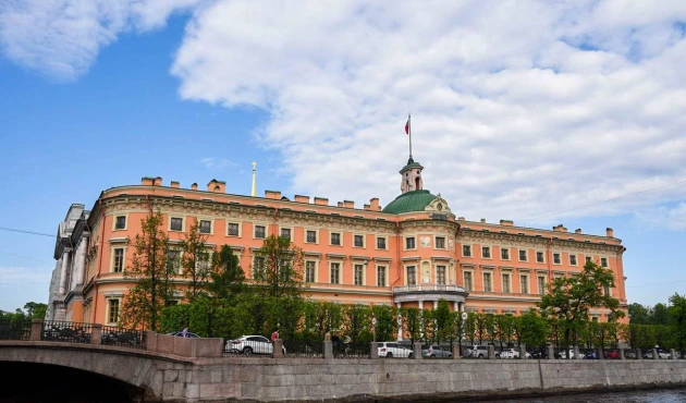 Mikhailovsky Castle. It has a different facade on each side, and even a spire! In honor of Archangel Michael.