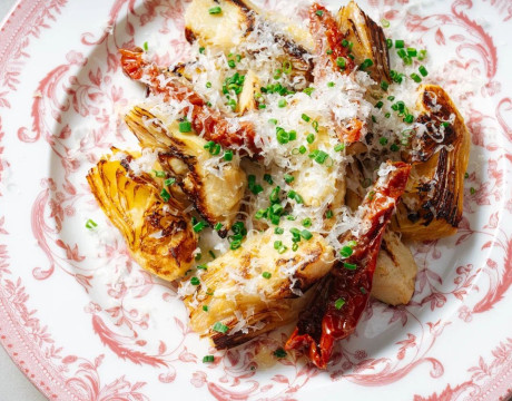 Grilled artichokes with sun-dried tomatoes and Parmesan