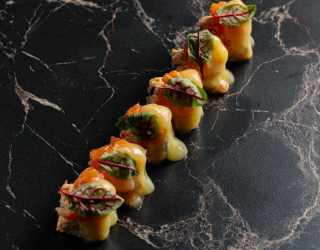Kamchatka Crab and Salmon Rolls with Mango-Pear Sauce
