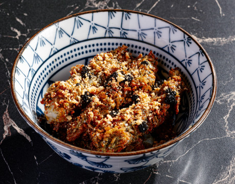 Shrimp Tempura with Light Soy and Avocado Cream