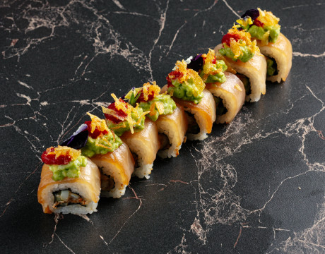 Swordfish Rolls with Guacamole and Tomato-Kimchi Gel