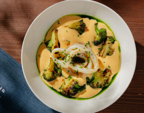 Fried squid with broccoli and kimchi hollandaise mousse