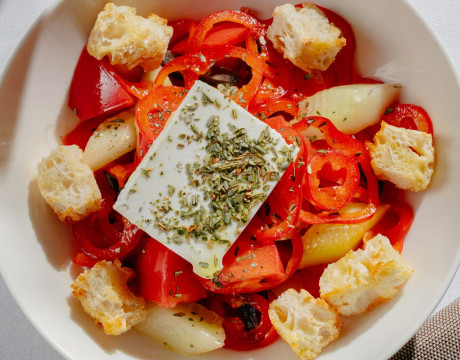 Light Greek salad with brined bryndza cheese