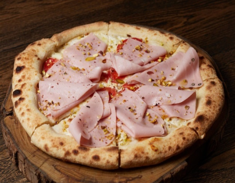 Mortadella and pistachio pizza