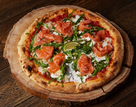 Salmon and strachatella pizza