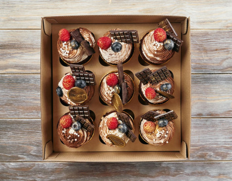 Set of chocolate cupcakes with raspberries