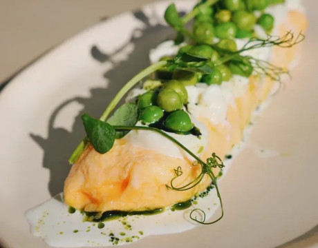 Omelet, stracciatella, and green peas